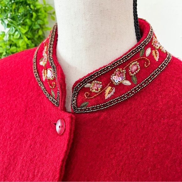 Talbots Vintage Red Wool Embroidered Beaded Jacket Large - Picture 2 of 10